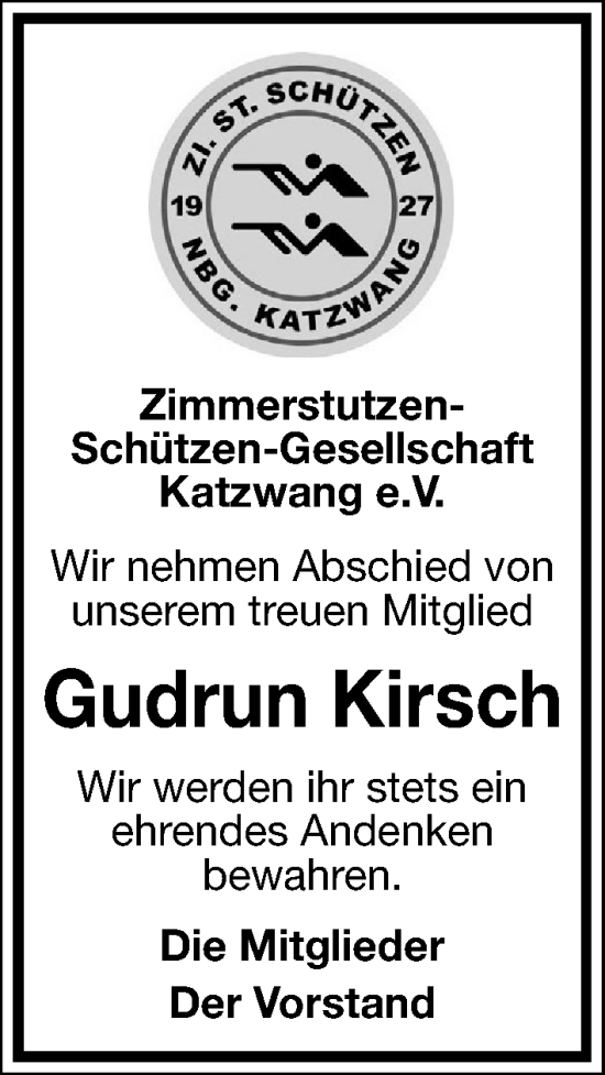 Traueranzeige von Gudrun Kirsch von Schwabacher Tagblatt Lokal