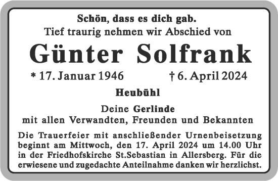 Traueranzeige von Günter Solfrank von Roth-Hilpoltsteiner Volkszeitung Lokal