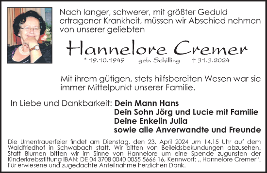 Traueranzeige von Hannelore Cremer von Schwabacher Tagblatt Lokal