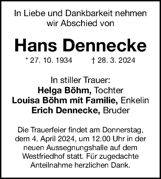 Traueranzeige von Hans Dennecke von Gesamtausgabe Nürnberger Nachrichten/ Nürnberger Ztg.