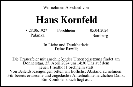 Traueranzeige von Hans Kornfeld von Nordbayerische Nachrichten Forchheim Lokal