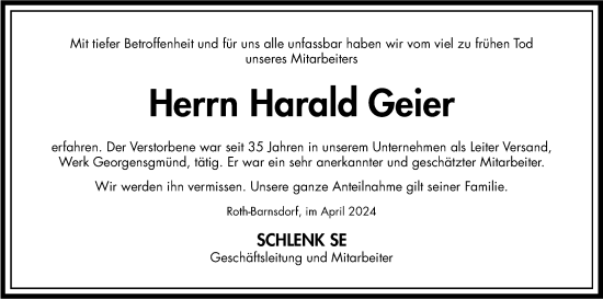 Traueranzeige von Harald Geier von Roth-Hilpoltsteiner Volkszeitung Lokal