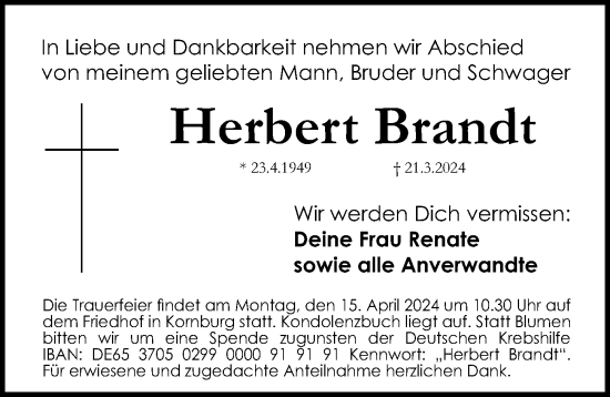 Traueranzeige von Herbert Brandt von Gesamtausgabe Nürnberger Nachrichten/ Nürnberger Ztg.
