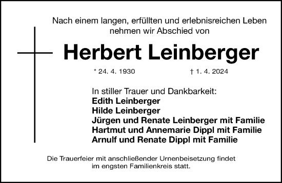 Traueranzeige von Herbert Leinberger von Gesamtausgabe Nürnberger Nachrichten/ Nürnberger Ztg.