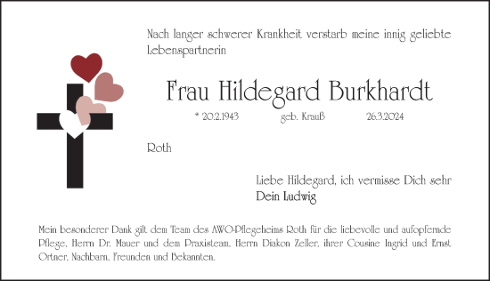 Traueranzeige von Hildegard Burkhardt von Roth-Hilpoltsteiner Volkszeitung Lokal