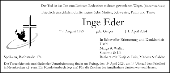 Traueranzeige von Inge Eder von Gesamtausgabe Nürnberger Nachrichten/ Nürnberger Ztg.