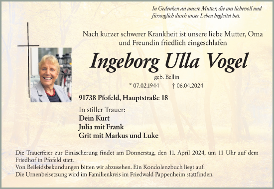 Traueranzeige von Ingeborg Ulla Vogel von HAB,G