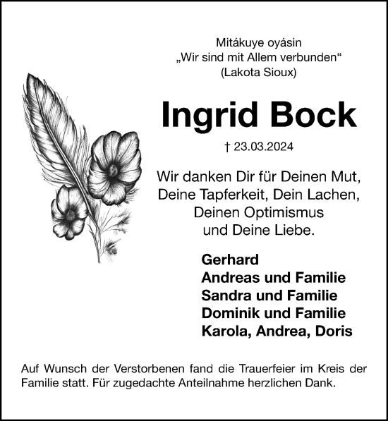 Traueranzeige von Ingrid Bock von Gesamtausgabe Nürnberger Nachrichten/ Nürnberger Ztg.
