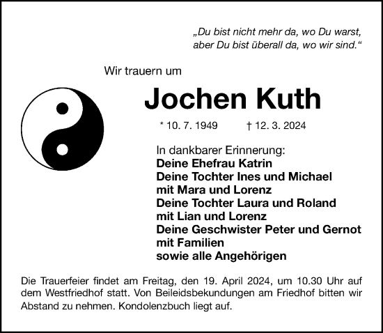 Traueranzeige von Jochen Kuth von Gesamtausgabe Nürnberger Nachrichten/ Nürnberger Ztg.