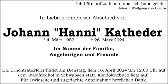 Traueranzeige von Johann Katheder von Schwabacher Tagblatt Lokal