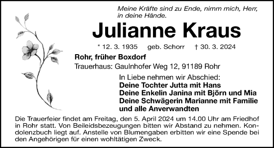 Traueranzeige von Julianne Kraus von Gesamtausgabe Nürnberger Nachrichten/ Nürnberger Ztg.