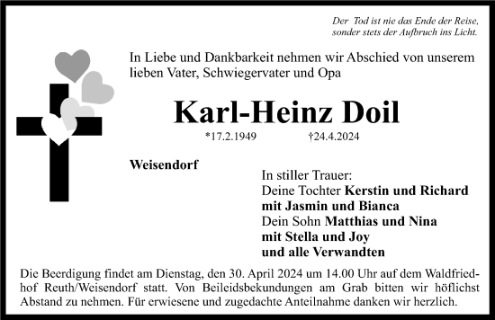 Traueranzeige von Karl-Heinz Doil von Nordbayerische Nachrichten Herzogenaurach Lokal