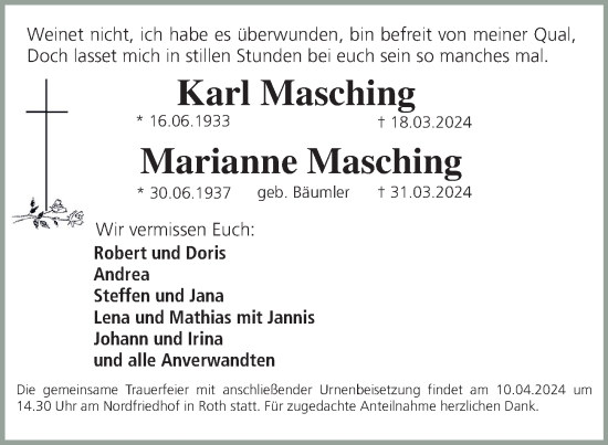 Traueranzeige von Karl Masching von Roth-Hilpoltsteiner Volkszeitung Lokal