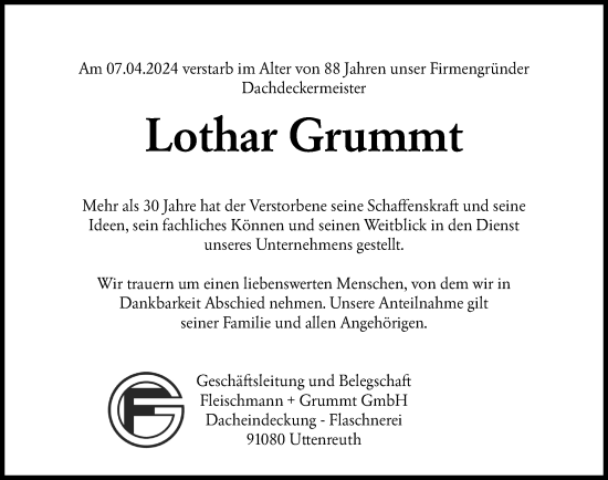 Traueranzeige von Lothar Grummt von Erlanger Nachrichten Lokal