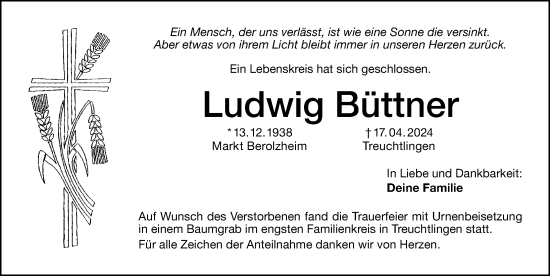 Traueranzeige von Ludwig Büttner von HWT,HAB