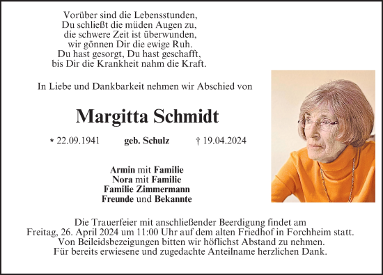 Traueranzeige von Margitta Schmidt von Nordbayerische Nachrichten Forchheim Lokal