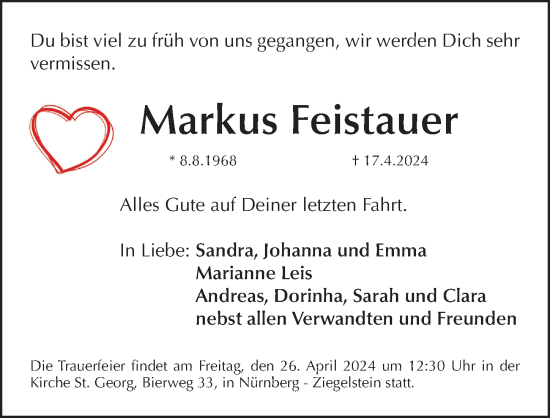 Traueranzeige von Markus Feistauer von Gesamtausgabe Nürnberger Nachrichten/ Nürnberger Ztg.