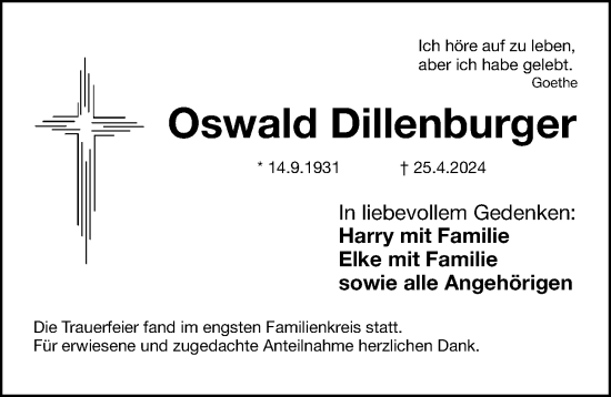 Traueranzeige von Oswald Dillenburger von Gesamtausgabe Nürnberger Nachrichten/ Nürnberger Ztg.