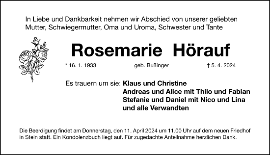 Traueranzeige von Rosemarie Hörauf von Gesamtausgabe Nürnberger Nachrichten/ Nürnberger Ztg.