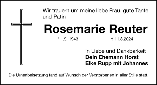 Traueranzeige von Rosemarie Reuter von Gesamtausgabe Nürnberger Nachrichten/ Nürnberger Ztg.