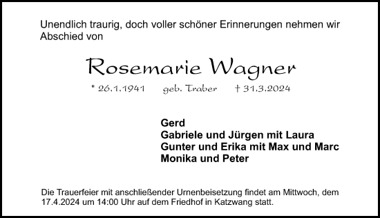 Traueranzeige von Rosemarie Wagner von Gesamtausgabe Nürnberger Nachrichten/ Nürnberger Ztg.