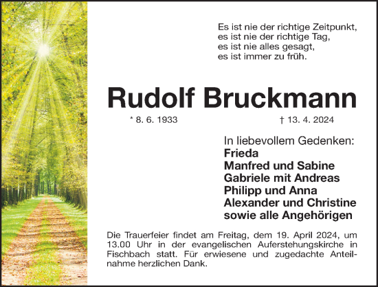Traueranzeige von Rudolf Bruckmann von Gesamtausgabe Nürnberger Nachrichten/ Nürnberger Ztg.