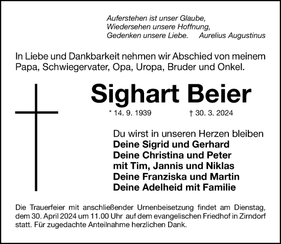 Traueranzeige von Sighart Beier von Gesamtausgabe Nürnberger Nachrichten/ Nürnberger Ztg.