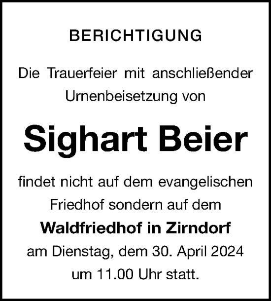 Traueranzeige von Sighart Beier von Gesamtausgabe Nürnberger Nachrichten/ Nürnberger Ztg.
