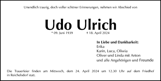 Traueranzeige von Udo Ulrich von Gesamtausgabe Nürnberger Nachrichten/ Nürnberger Ztg.