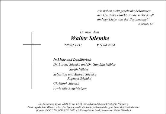 Traueranzeige von Walter Stiemke von Gesamtausgabe Nürnberger Nachrichten/ Nürnberger Ztg.
