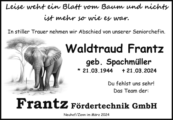 Traueranzeige von Waldtraud Frantz von Gesamtausgabe Nürnberger Nachrichten/ Nürnberger Ztg.