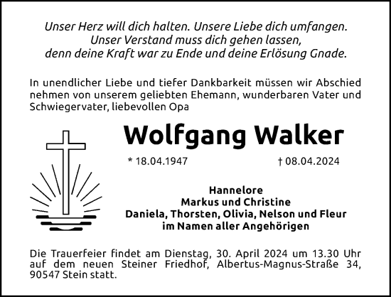 Traueranzeige von Wolfgang Walker von Gesamtausgabe Nürnberger Nachrichten/ Nürnberger Ztg.
