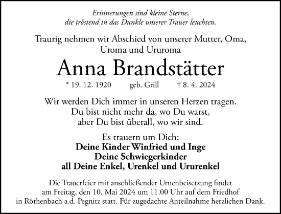 Traueranzeige von Anna Brandstätter von Gesamtausgabe Nürnberger Nachrichten/ Nürnberger Ztg.