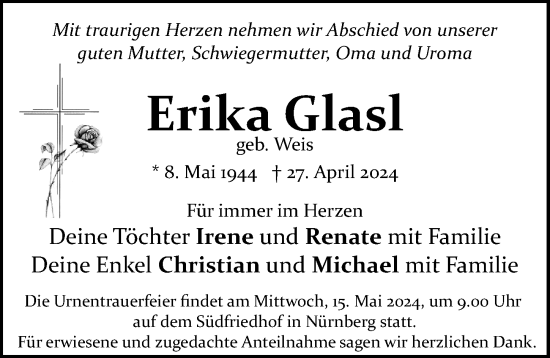 Traueranzeige von Erika Glasl von Gesamtausgabe Nürnberger Nachrichten/ Nürnberger Ztg.