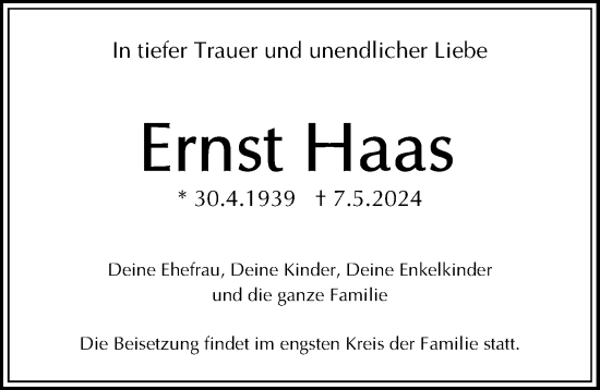 Traueranzeige von Ernst Haas von Gesamtausgabe Nürnberger Nachrichten/ Nürnberger Ztg.