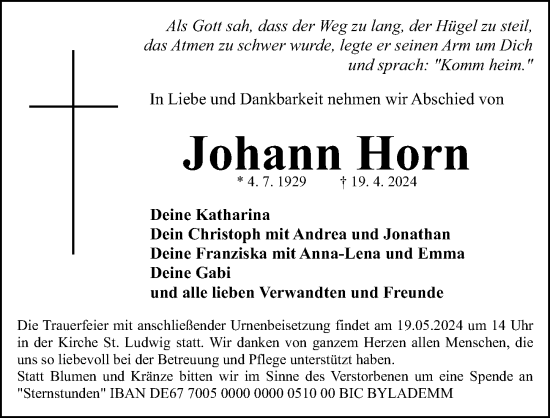 Traueranzeige von Johann Horn von Gesamtausgabe Nürnberger Nachrichten/ Nürnberger Ztg.