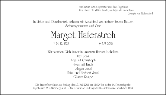 Traueranzeige von Margot Haferstroh von Gesamtausgabe Nürnberger Nachrichten/ Nürnberger Ztg.