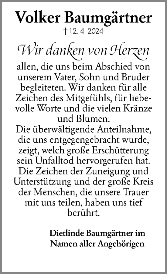 Traueranzeige von Volker Baumgärtner von Gesamtausgabe Nürnberger Nachrichten/ Nürnberger Ztg.