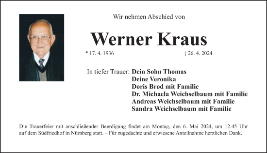Traueranzeige von Werner Kraus von Gesamtausgabe Nürnberger Nachrichten/ Nürnberger Ztg.